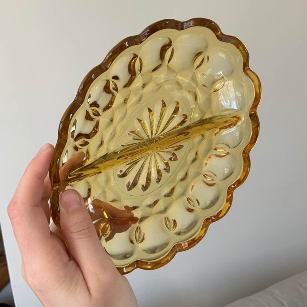 Yellow amber divided dish vintage